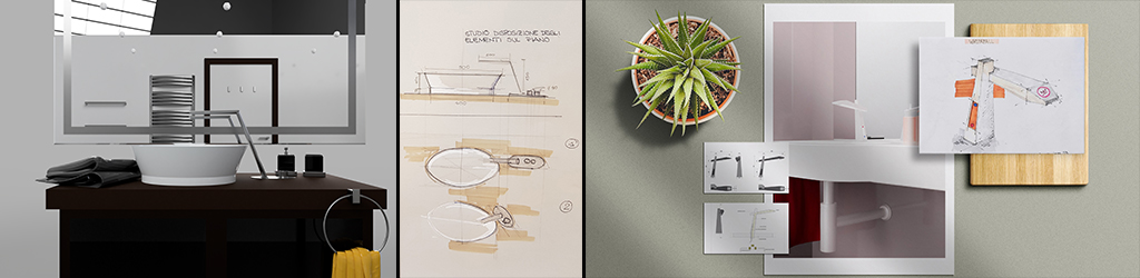Progettazione e design - Composizione di differenti momenti della progettazione (schizzi e rendering) di rubinetteria da bagno.