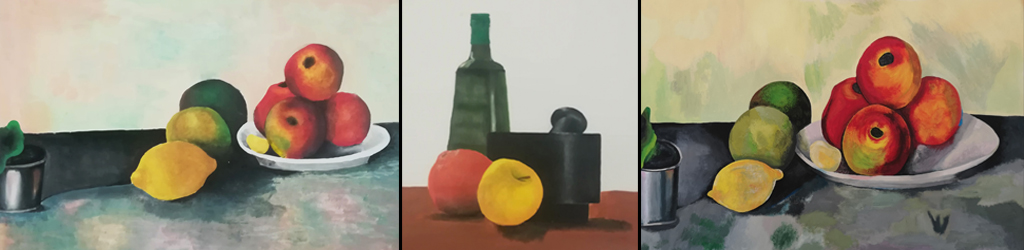 Natura morta - Composizione di tre nature morte, due tratte da un’opera di Cezanne (frutta su un piatto bianco) e una copia dal vero (frutta, bottiglia e mortaio).  
